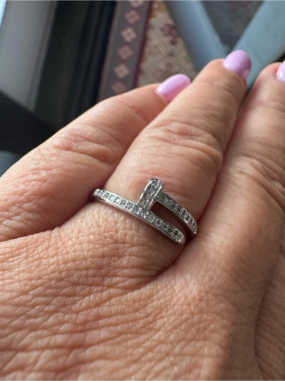 Brass Silver Tone Plate Cubic Zirconia Pave Nail Bypass Ring